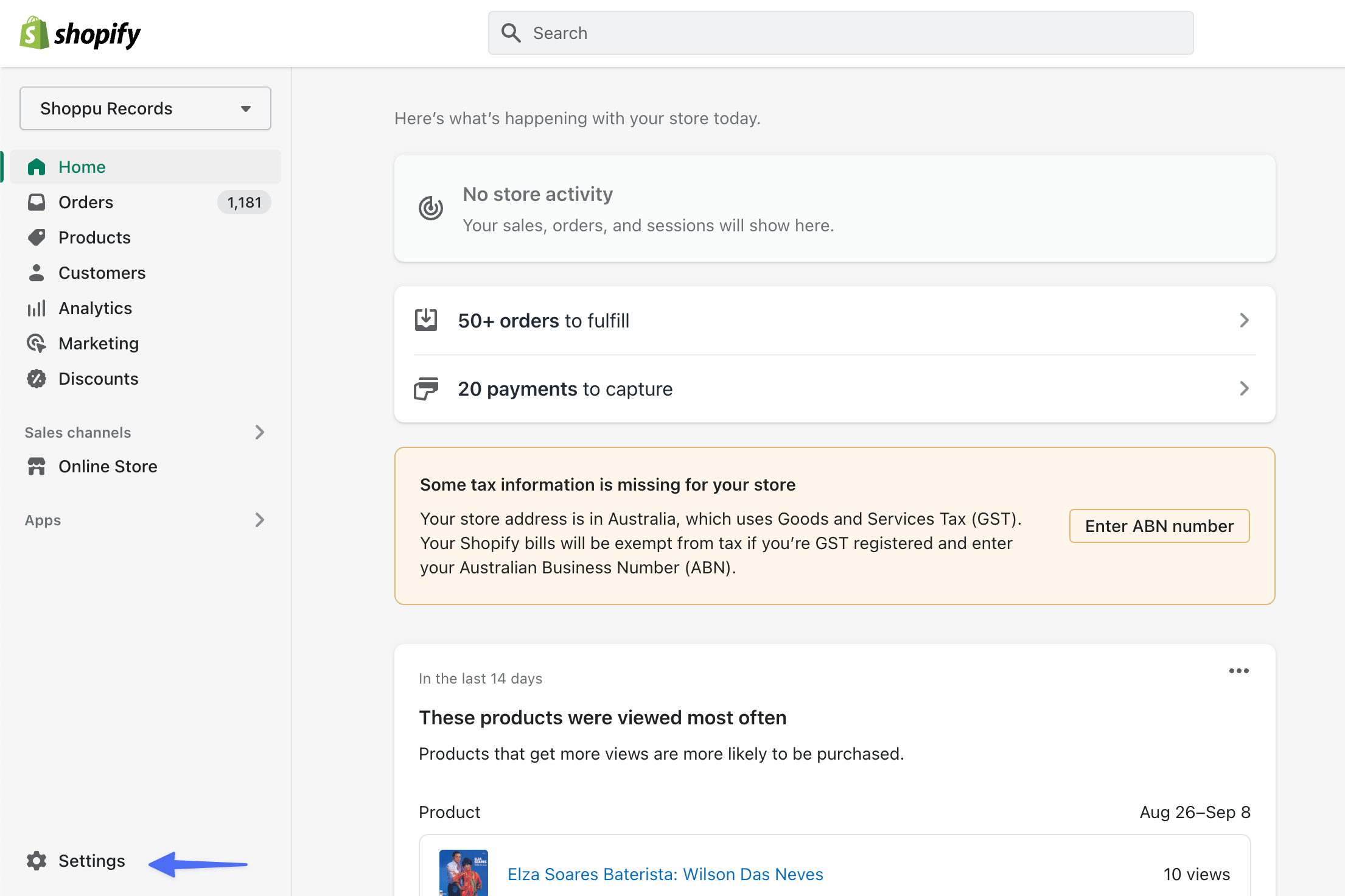 Shopify admin home
