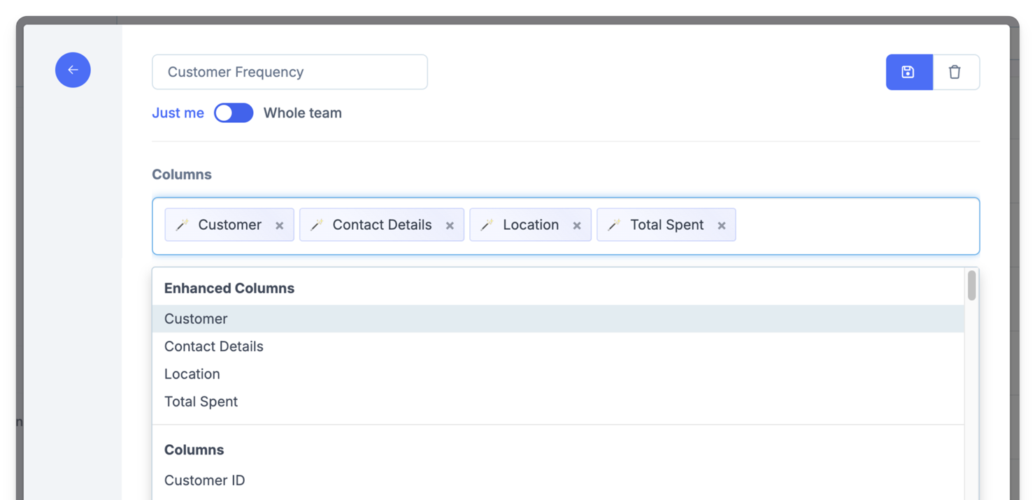 Screenshot showing the Enhanced columns in FoodBevBiz's custom Column Sets feature
