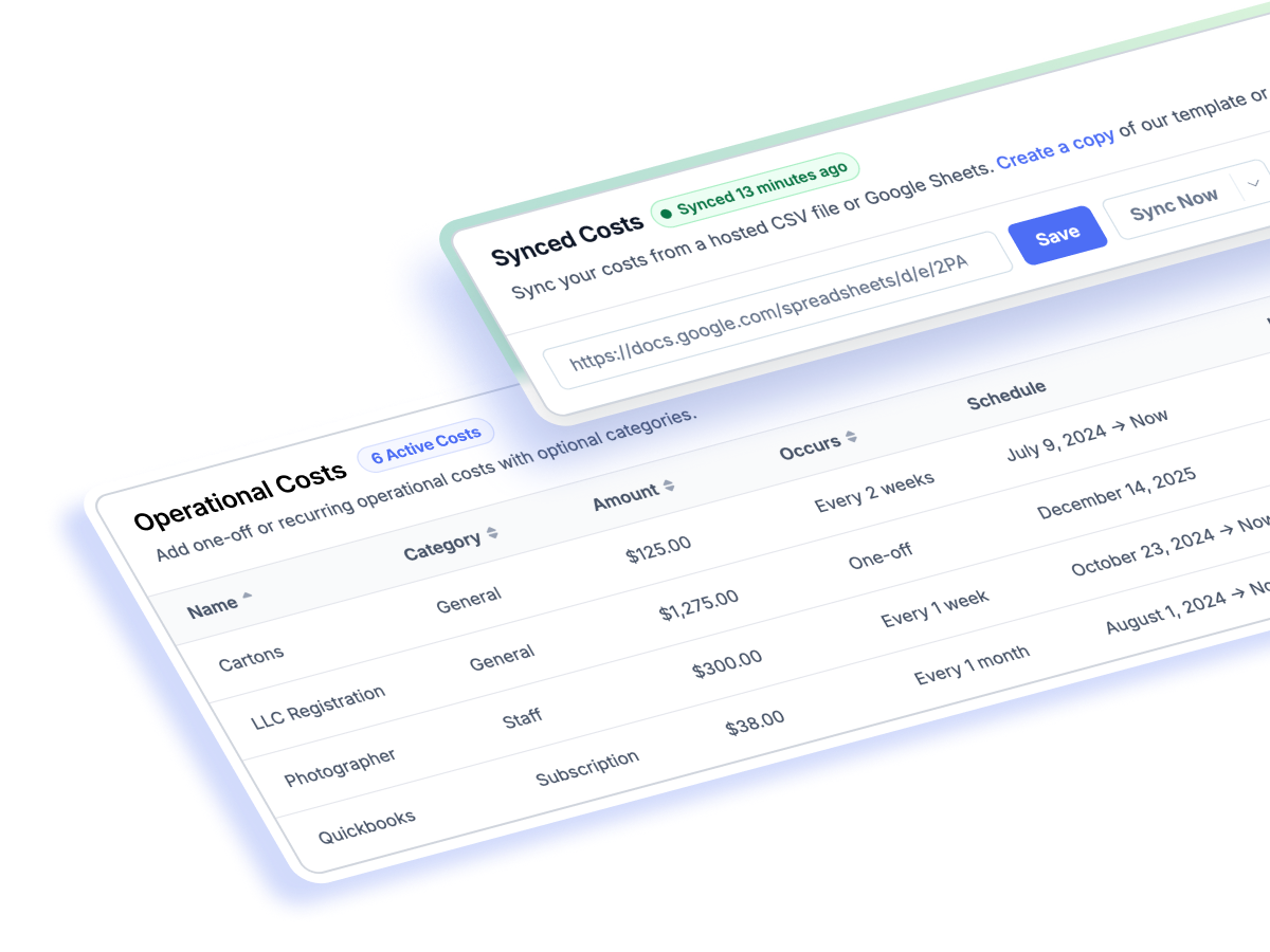 FoodBevBiz Operational Costs dashboard listing recurring and one-off business expenses