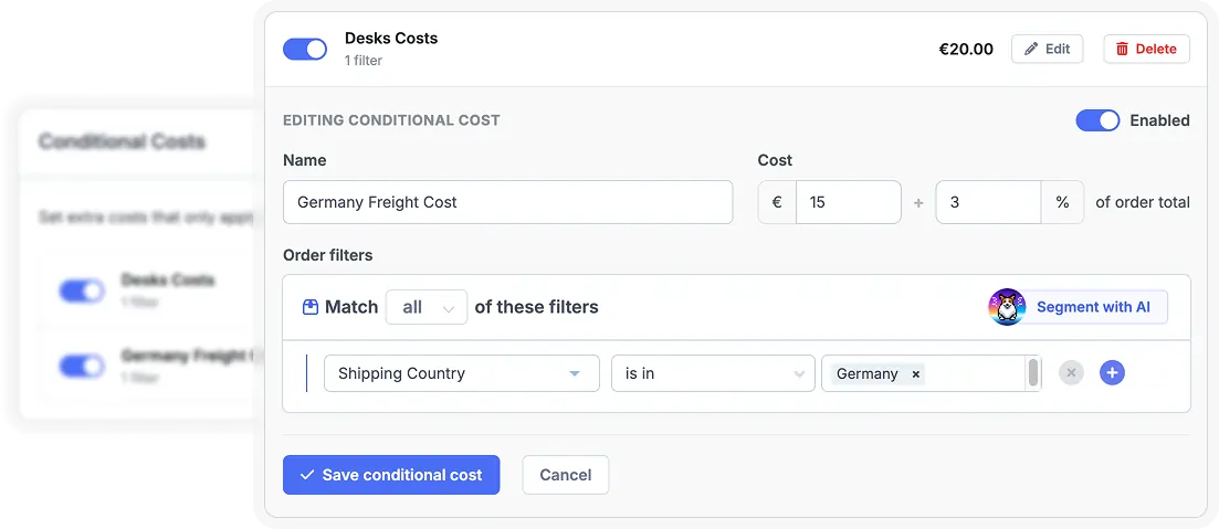 Editing a conditional extra cost in FoodBevBiz – a Germany freight cost that applies only to orders shipping to Germany