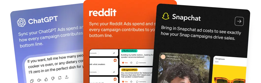 Cards showing the intregrations for ChatGPT, Reddit and Snapchat ad cost syncing into FoodBevBiz