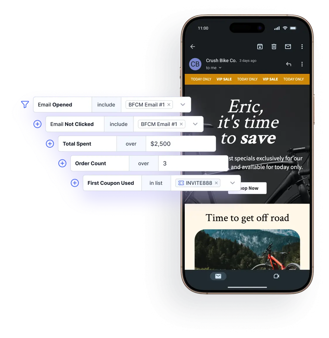 An iPhone with an email sent from FoodBevBiz's bulk email marketing tool, Engage, with a screenshot of the easy audience filters.