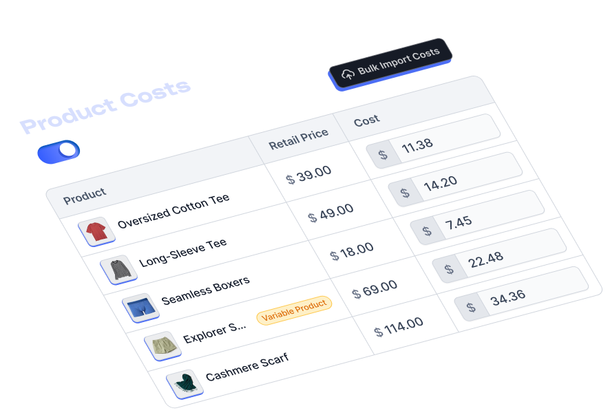 An illustrative isometric screenshot of FoodBevBiz's product costs system with a list of products, the retain price, and an input field to set the product cost, with a toggle to sync the product costs from Shopify, and a button to bulk import costs via CSV file.