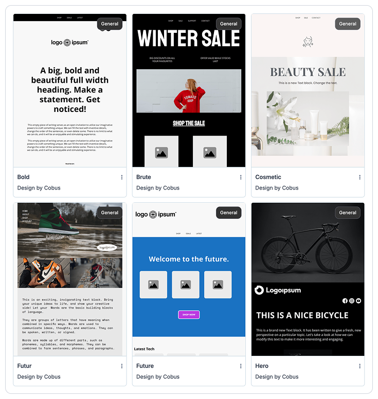 A screenshot of some of the beautiful email templates available in FoodBevBiz's email automation suite.