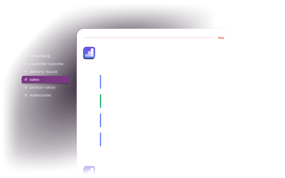 An isometric illustration showing FoodBevBiz's automatic ecommerce sales reports appearing as messages in the Slack application