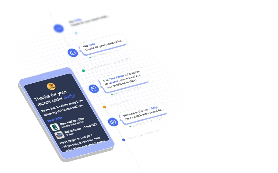 An isometric illustration showing the variable information and dynamic segmenting available in FoodBevBiz's email marketing suite for Shopify and WooCommerce on a phone, and with a timeline of activity.
