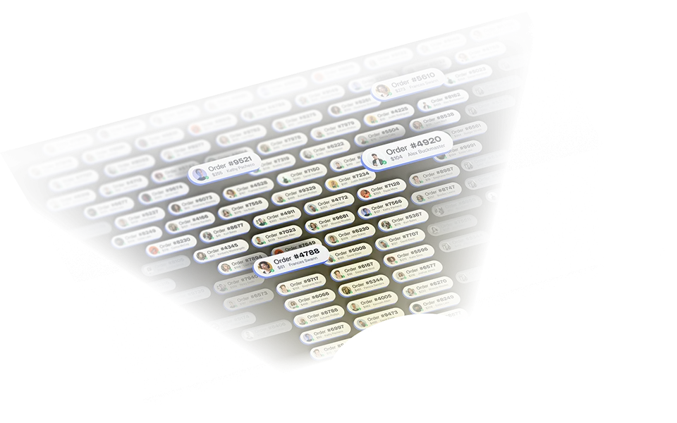 An isometric abstract illustration of customer orders being segmented in FoodBevBiz. A yellow flashlight beam shines low across the order cards revealing the shape of a funnel.