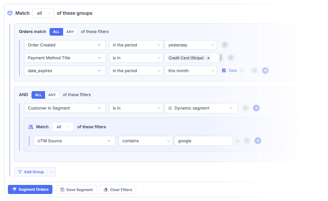 A screenshot of FoodBevBiz's eCommerce data segmenting showing the ability to segment multiple data types in one segment.