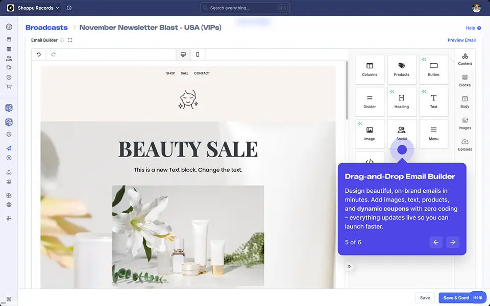 A screenshot from FoodBevBiz's simple drag-and-drop email builder that powers the bulk email marketing tool.